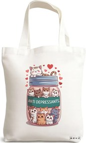 Sacosa de Panza pentru Cumparaturi, Geanta Tote, model Anti Depresant Doggos 2 38 x 34.5 cm, Alba, BEKZ®