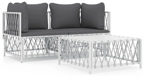 3186814 vidaXL Set mobilier de grădină, 3 piese, cu perne, alb, oțel