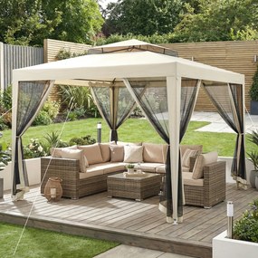 Outsunny Foisor de Gradina cu Plasa de Tantari, Foisor 3x3 m cu Acoperis Dublu si Cadru din Metal, Bej