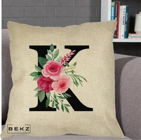 Cadou Personalizat - Perna Personalizata Monograma Florala Litera K, 40x40 cm, Crem, Husa Detasabila, Perna Inclusa, BEKZ®