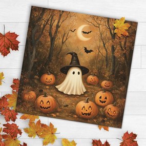 DUBLEZ | Tablou de Halloween din lemn - Fantomă și dovlecei