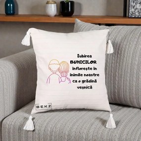 Cadou pentru Bunici - Perna Personalizata Iubirea Bunicilor Infloreste Cuplu Line Art Gradient, 40x40 cm, Bej cu Franjuri, Husa Detasabila, Perna Inclusa, BEKZ®