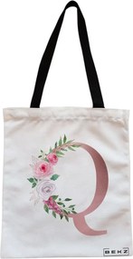 Sacosa de Panza pentru Cumparaturi, Geanta Tote, Cu litera Q Rose Gold si Trandafiri, Cu fermoar, 38x34.5 cm, Alba, BEKZ®