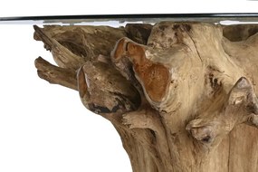 Masă dining rotundă din rădăcină de teak cu blat din sticlă securizată, 160×160×76 cm, „Raiz"
