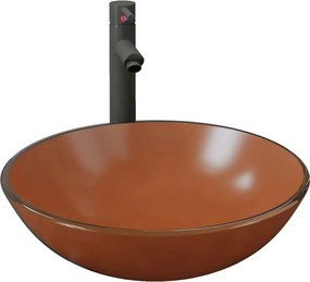 vidaXL Chiuvetă baie, robinet și scurgere tip push, maro sticlă călită