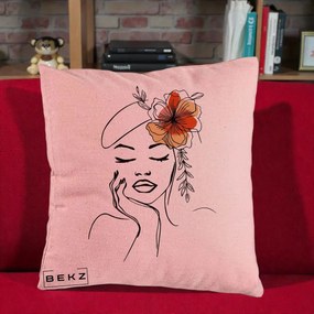 Perna Decorativa Portret Feminin Flori Palarie, 40x40 cm, Roz, Husa Detasabila, Perna Inclusa, BEKZ®
