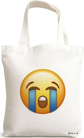 Sacosa de Panza pentru Cumparaturi, Geanta Tote, model Crying Emoji, 38x34.5 cm, Alba, BEKZ®