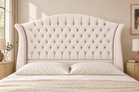 Pat tapițat Chesterfield din catifea Sorella Simple 140×200 cm, crem, cu ladă de depozitare
