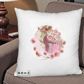 Perna Decorativa Femeie cu Flori Roz Acuarela, 40x40 cm, Alb Pufos, Husa Detasabila, Perna Inclusa, BEKZ®