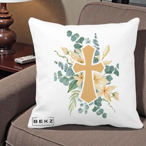 Perna Personalizata Cruce Florala Botez, 40x40 cm, Alba Mata, Husa Detasabila, Perna Inclusa, BEKZ®