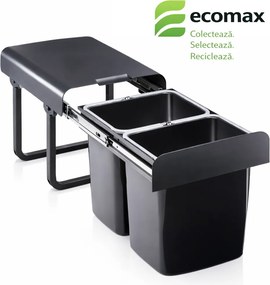 Cos gunoi incorporabil Ecomax Ekko Black Bio 40, cu extragere totala, colectare selectiva, negru, 2 x 16 l H:365 mm; L:355 mm; A:473 mm, Plastic 100%