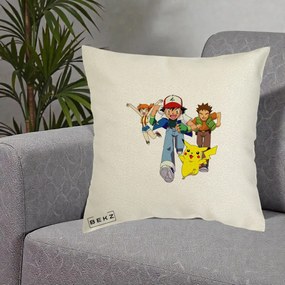 Perna Personalizata Pokemon Ash Misty Brock si Pikachu, 40x40 cm, Ecru, Husa Detasabila, Perna Inclusa, BEKZ®