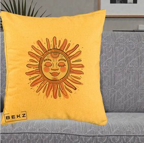 Perna Decorativa Soare Roz Tribal, 40x40 cm, Galben, Husa Detasabila, Perna Inclusa, BEKZ®