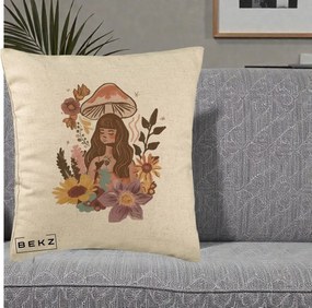 Perna Decorativa Fata Ciuperca Boho Florala, 40x40 cm, Bej, Husa Detasabila, Perna Inclusa, BEKZ®