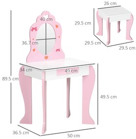 ZONEKIZ Set de masa de machiaj cu scaun si oglinda si sertar din lemn MDF pentru copii de 3-6 ani, alb si roz | AOSOM RO