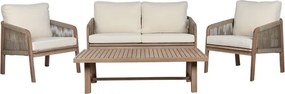 Set lounge exterior premium din lemn de acacia cu frânghie împletită, canapea, 2 fotolii și măsuță cu perne din stofă, „Capri”