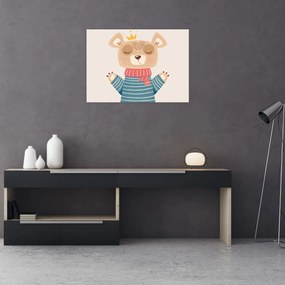 Tablou pe sticlă - Bej ursuleț de pluș cu coroană (70x50 cm)