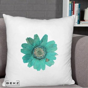 Perna Decorativa Floare Gerbera Teal Acuarela, 40x40 cm, Alb Pufos, Husa Detasabila, Perna Inclusa, BEKZ®