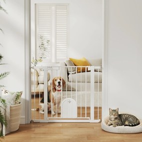PawHut Barieră Reglabilă pentru Câini cu Ușă Mică, Montare prin Presiune și Închidere Automată, Dimensiune 75-103x76 cm, Alb | Aosom România