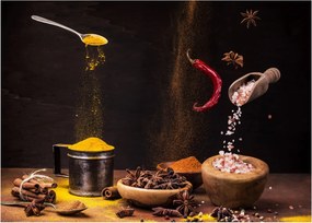 Tablou pe sticlă - Condimente în mișcare (70x50 cm)
