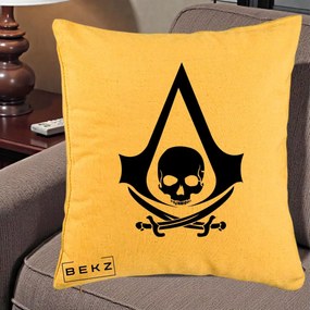 Perna Personalizata Assassin's Creed Black Flag Skull, 40x40 cm, Galben, Husa Detasabila, Perna Inclusa, BEKZ®