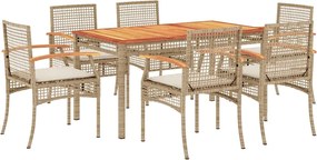 vidaXL Set de masă pentru grădină, 7 piese, cu perne, bej, poliratan