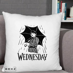 Perna Personalizata Wednesday cu Umbrela Ploaie Lineart, 40x40 cm, Alb Pufos, Husa Detasabila, Perna Inclusa, BEKZ®