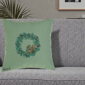 Perna Decorativa Coroana Turcoaz cu Veverita, 40x40 cm, Verde, Husa Detasabila, Perna Inclusa, BEKZ®