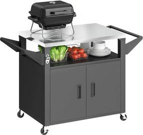 Outsunny Cărucior de bucătărie cu roți, cărucior de servire, cărucior cu dulap, mânere, suprafață din oțel inoxidabil 117 x 55 x 78 cm Negru | Aosom Romania