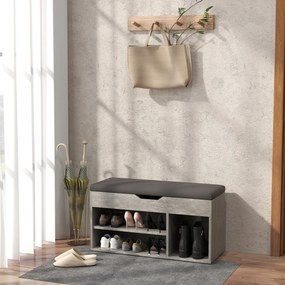 HOMCOM Bancă Hol cu 3 Rafturi Deschise, Spațiu Ascuns și Pernă Capitonată, Banca Pantofi, 80x30x45 cm, Gri | Aosom Romania