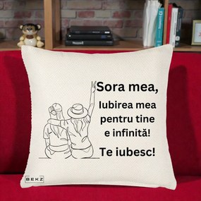 Cadou pentru Sora - Perna Personalizata Sora Mea Te Iubesc Line Art Portrete Colorate, 40x40 cm, Crem Reliefat, Husa Detasabila, Perna Inclusa, BEKZ®