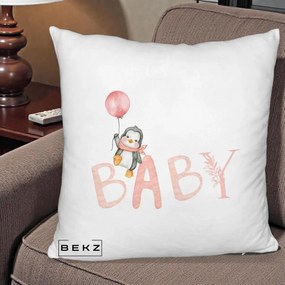 Perna Personalizata Baby Pinguin Roz, 40x40 cm, Alb Pufos, Husa Detasabila, Perna Inclusa, BEKZ®