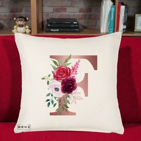 Cadou Personalizat - Perna Personalizata Monograma Rose Gold Litera F, 40x40 cm, Crem Reliefat, Husa Detasabila, Perna Inclusa, BEKZ®