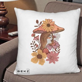 Perna Decorativa Fata Ciuperca Florala Boho, 40x40 cm, Alb Pufos, Husa Detasabila, Perna Inclusa, BEKZ®