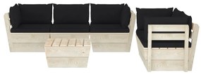 Set mobilier gradina din paleti, 6 piese, cu perne, lemn molid Negru, 4x colt + mijloc + masa, 1