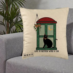 Perna Personalizata Life is Better with a Cat Geam, 40x40 cm, Bej, Husa Detasabila, Perna Inclusa, BEKZ®