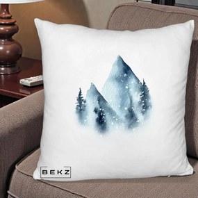 Perna Decorativa Munti Inzapeziti Acuarela Indigo, 40x40 cm, Alb Pufos, Husa Detasabila, Perna Inclusa, BEKZ®