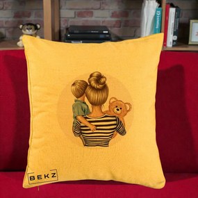Cadou pentru Mama - Perna Personalizata Mama si Baietelul cu Ursulet, 40x40 cm, Galben, Husa Detasabila, Perna Inclusa, BEKZ®