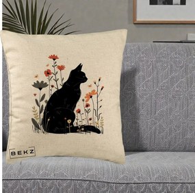 Perna Decorativa Pisica Neagra Profil Flori Portocalii, 40x40 cm, Bej, Husa Detasabila, Perna Inclusa, BEKZ®