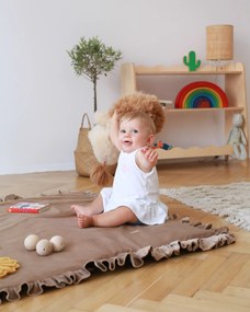 Covor patrat de joaca termoizolant din spuma, pentru copii si bebelusi, pliabil, Catifea Bej cu volanas, 100x100cm