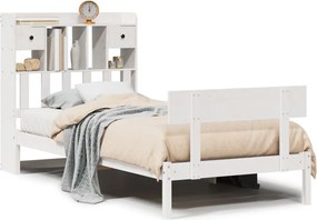 vidaXL Pat cu bibliotecă fără saltea, alb, 90x200 cm, lemn masiv pin