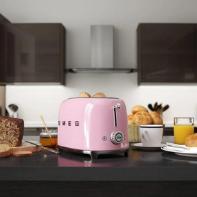 Prajitor de paine SMEG 50's Style TSF01PKEU, 950 W, 2 felii, 6 trepte, Tava pentru firimituri, Cablu integrat, Otel inoxidabil, Roz