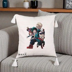 Perna Personalizata My Hero Academia Izuku Deku si Echipa, 40x40 cm, Bej cu Franjuri, Husa Detasabila, Perna Inclusa, BEKZ®