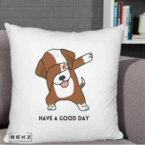 Perna Decorativa Caine Dab Have A Good Day, 40x40 cm, Alb Pufos, Husa Detasabila, Perna Inclusa, BEKZ®