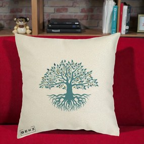 Perna Decorativa Copacul Vietii Teal cu Radacini, 40x40 cm, Ecru, Husa Detasabila, Perna Inclusa, BEKZ®