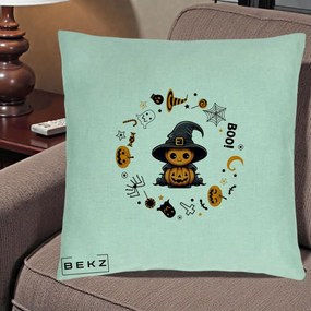 Perna Decorativa Halloween Dovleac Vrajitor Boo cu Simboluri, 40x40 cm, Verde Menta, Husa Detasabila, Perna Inclusa, BEKZ®