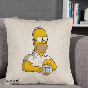 Perna Personalizata Homer Simpson cu Bere, 40x40 cm, Bej Canapea, Husa Detasabila, Perna Inclusa, BEKZ®