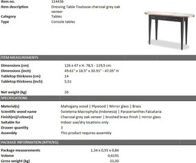 Masa de machiaj design elegant LUX Toulouse, gri carbune 114436 HZ
