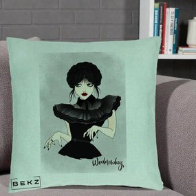Perna Personalizata Wednesday Addams Portret Gotic, 40x40 cm, Verde Menta, Husa Detasabila, Perna Inclusa, BEKZ®