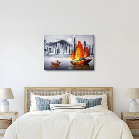 Tablou - Victoria Harbour, Hong Kong, pictură în ulei alb- negru (70x50 cm)
